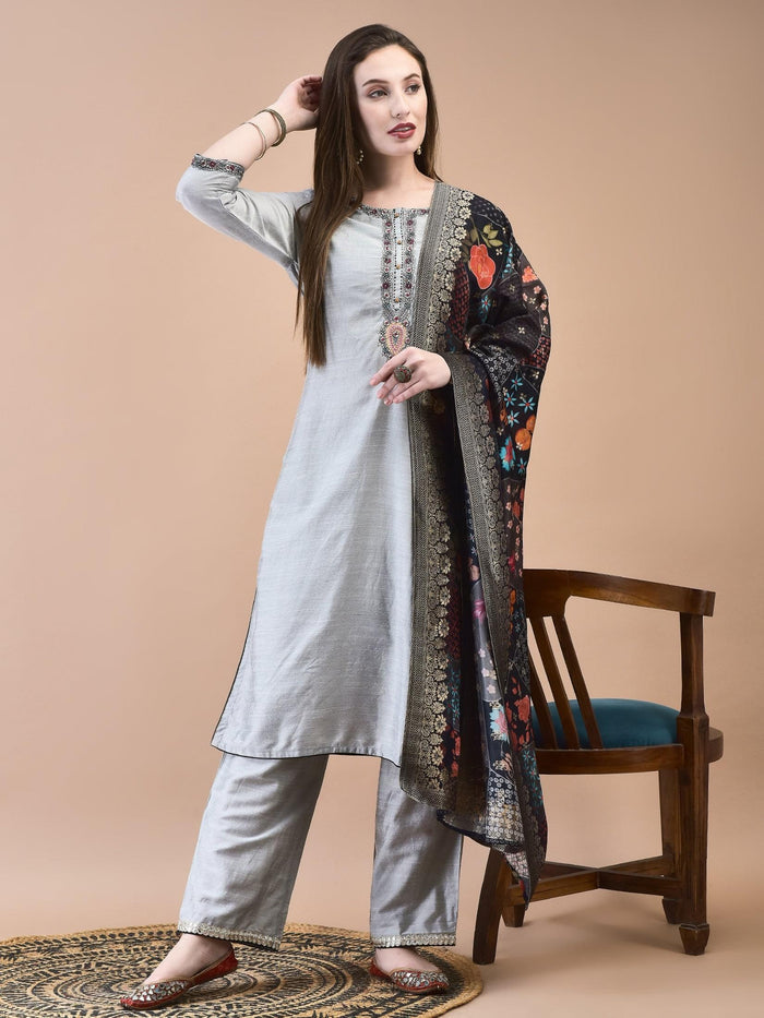 Women Silk Blend Grey Embroidered Kurta Comfort Pant Jacquard Dupatta.