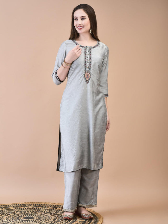 Women Silk Blend Grey Embroidered Kurta Comfort Pant Jacquard Dupatta.
