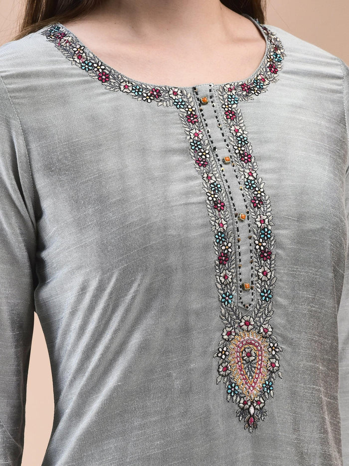 Women Silk Blend Grey Embroidered Kurta Comfort Pant Jacquard Dupatta.