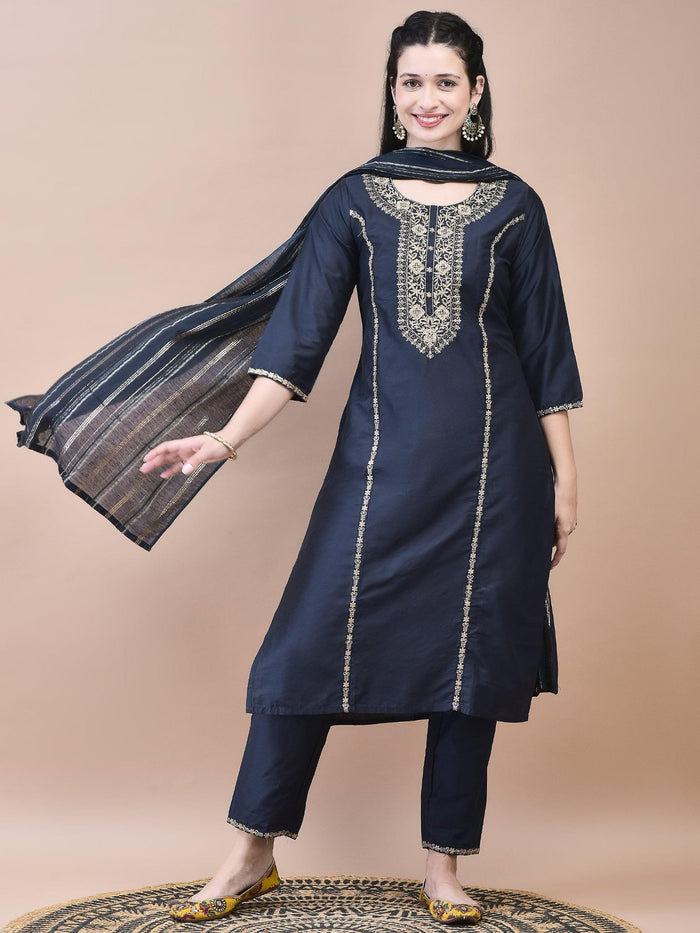 Women Silk Blend Grey Embroidered Kurta Trouser Chanderi Dupatta.