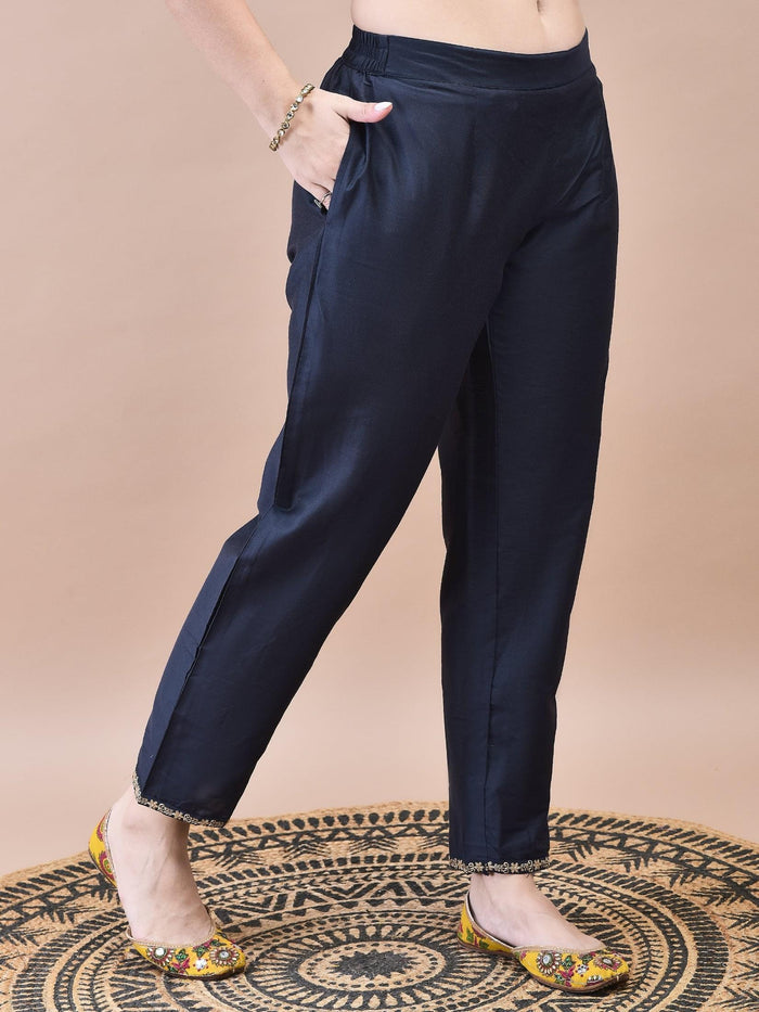 Women Silk Blend Grey Embroidered Kurta Trouser Chanderi Dupatta.