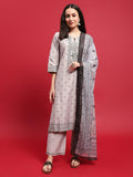 Women Silk Blend Grey Ornamental Print Kurta Comfort Pant Dupatta.