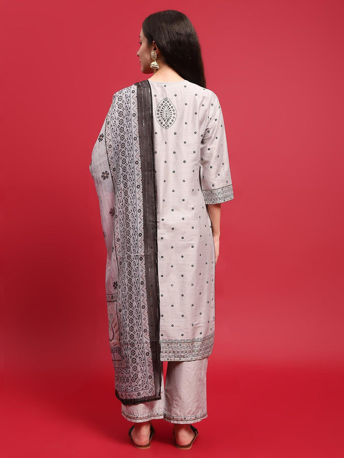 Women Silk Blend Grey Ornamental Print Kurta Comfort Pant Dupatta.
