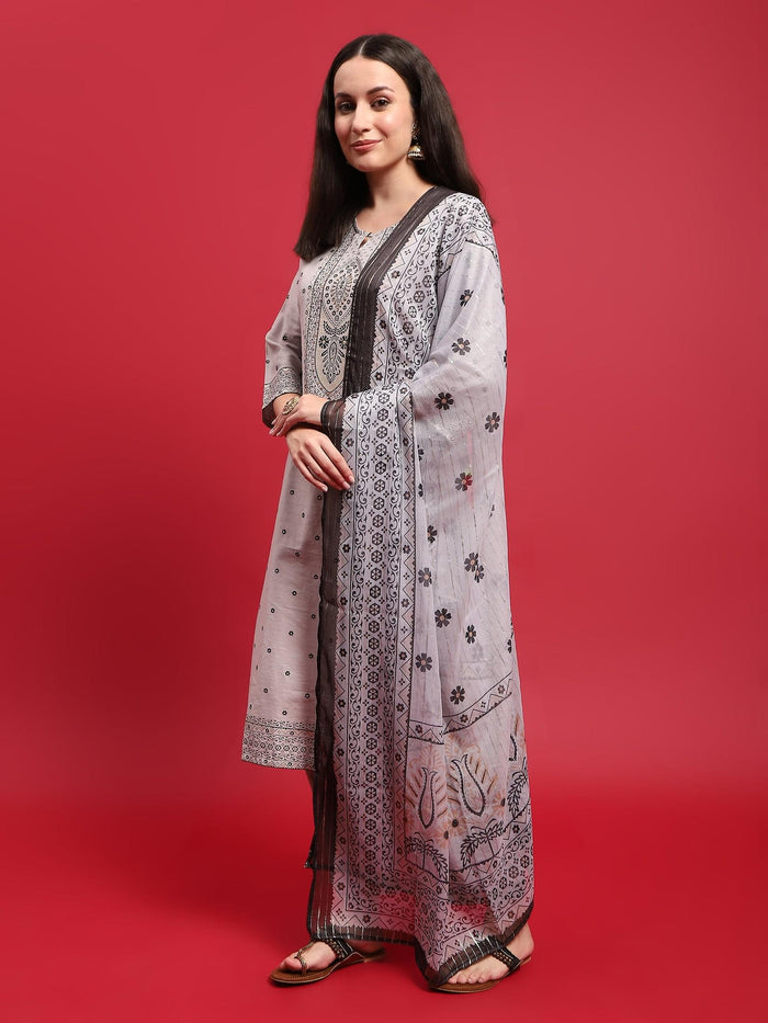 Women Silk Blend Grey Ornamental Print Kurta Comfort Pant Dupatta.