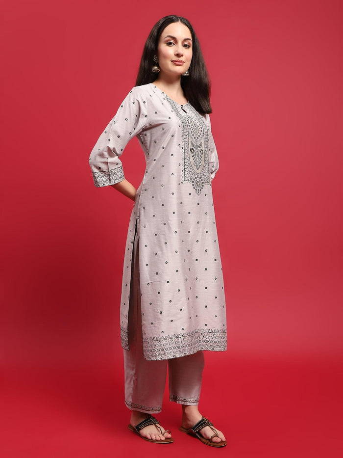 Women Silk Blend Grey Ornamental Print Kurta Comfort Pant Dupatta.