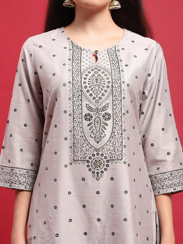 Women Silk Blend Grey Ornamental Print Kurta Comfort Pant Dupatta.