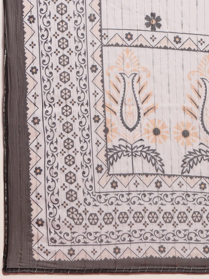 Women Silk Blend Grey Ornamental Print Kurta Comfort Pant Dupatta.