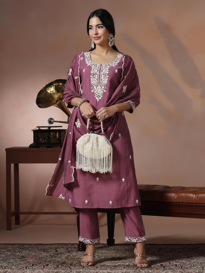 Women Silk Blend Lilac Embroidered Kurta Comfort Pant Dupatta.