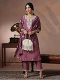 Women Silk Blend Lilac Embroidered Kurta Comfort Pant Dupatta.