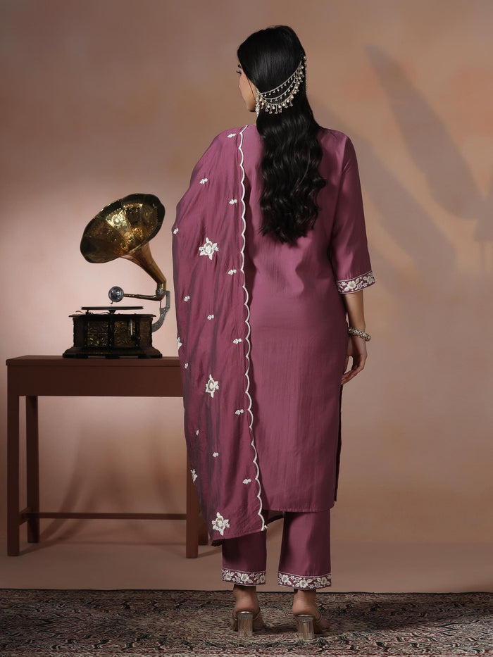 Women Silk Blend Lilac Embroidered Kurta Comfort Pant Dupatta.