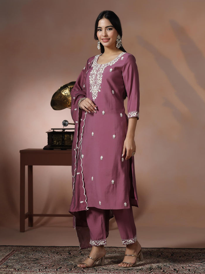 Women Silk Blend Lilac Embroidered Kurta Comfort Pant Dupatta.