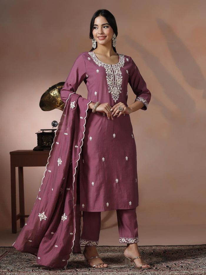 Women Silk Blend Lilac Embroidered Kurta Comfort Pant Dupatta.
