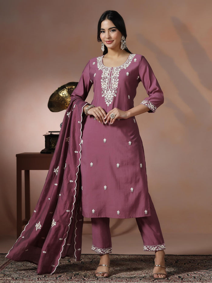 Women Silk Blend Lilac Embroidered Kurta Comfort Pant Dupatta.