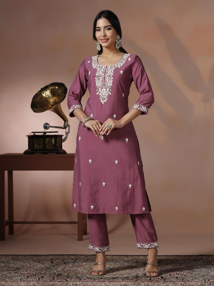 Women Silk Blend Lilac Embroidered Kurta Comfort Pant Dupatta.