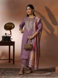 Women Silk Blend Lilac Embroidered Kurta Comfort Pant With Dupatta.