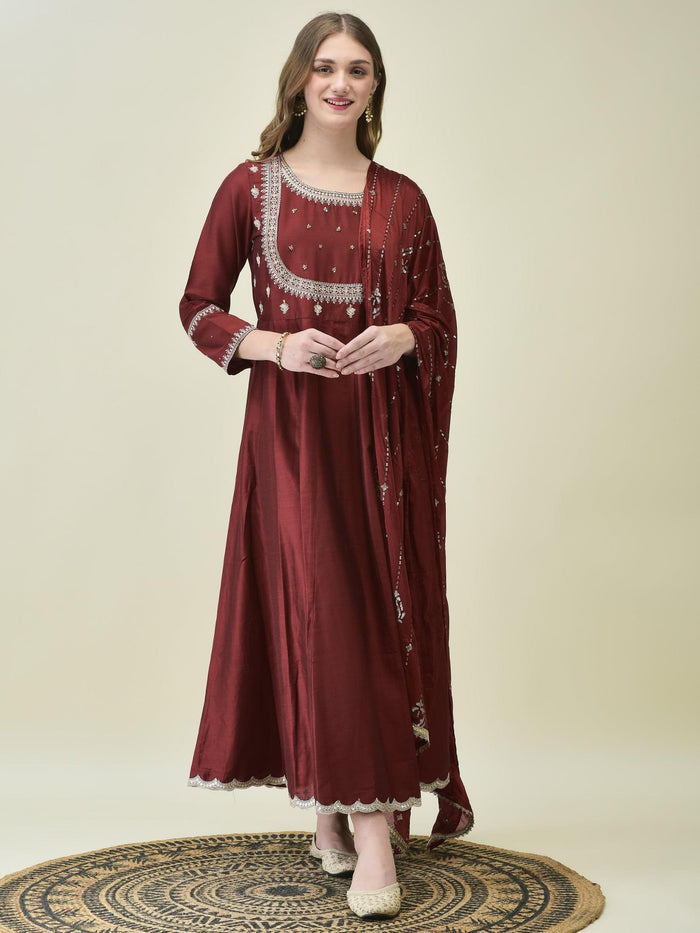 Women Silk Blend Maroon Embroidered Dress With Dupatta.