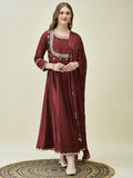 Women Silk Blend Maroon Embroidered Dress With Dupatta.