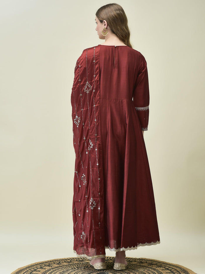 Women Silk Blend Maroon Embroidered Dress With Dupatta.