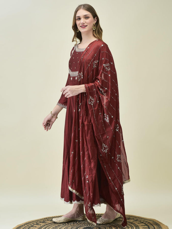 Women Silk Blend Maroon Embroidered Dress With Dupatta.