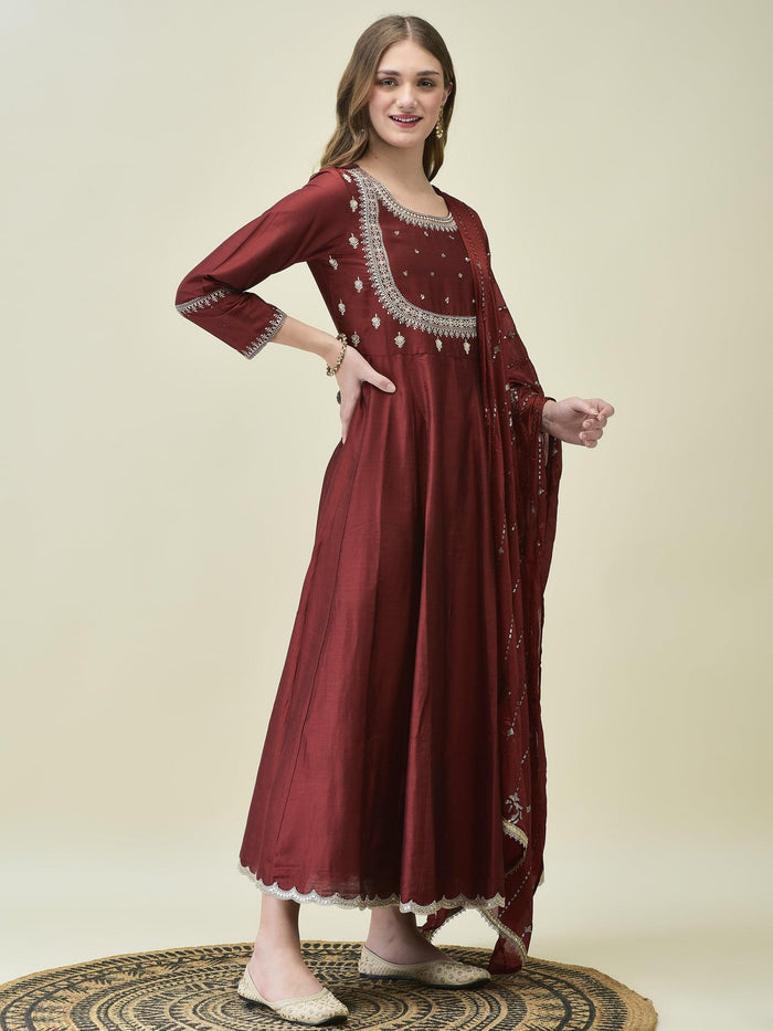 Women Silk Blend Maroon Embroidered Dress With Dupatta.