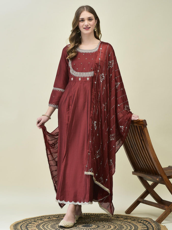 Women Silk Blend Maroon Embroidered Dress With Dupatta.