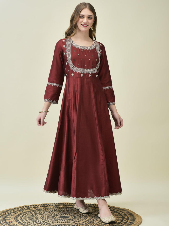 Women Silk Blend Maroon Embroidered Dress With Dupatta.