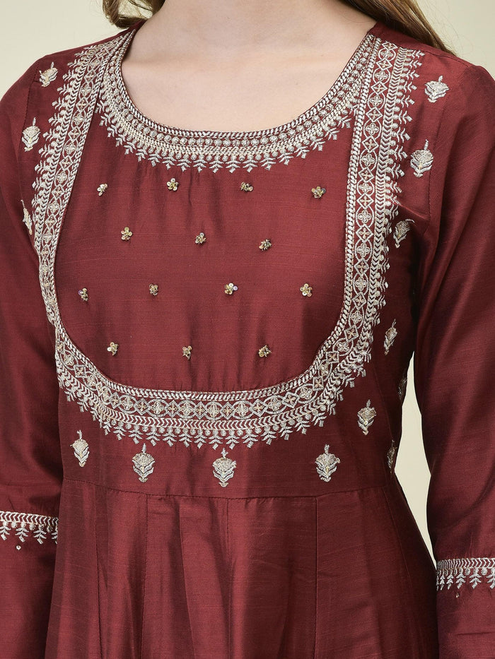 Women Silk Blend Maroon Embroidered Dress With Dupatta.