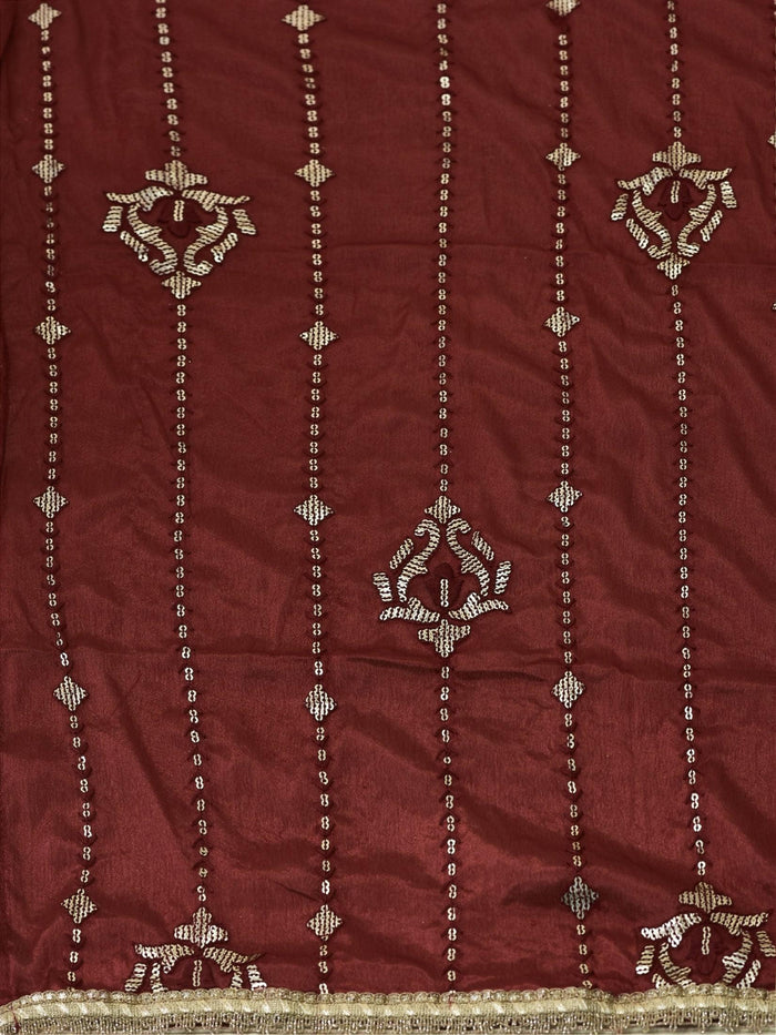 Women Silk Blend Maroon Embroidered Dress With Dupatta.