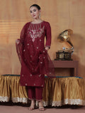 Women Silk Blend Maroon Embroidered Kurta Comfort Pant Dupatta.