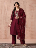 Women Silk Blend Maroon Embroidered Kurta Comfort Pant Dupatta.