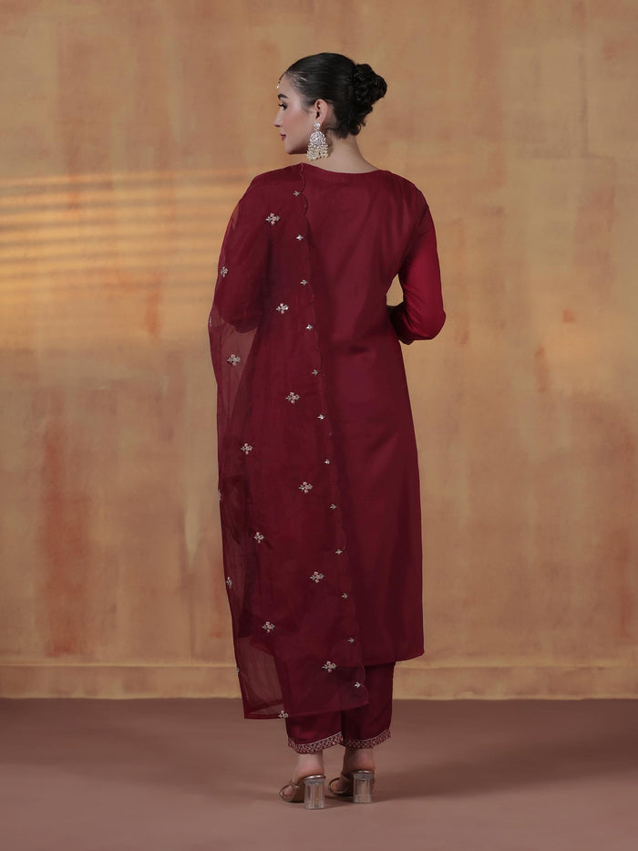 Women Silk Blend Maroon Embroidered Kurta Comfort Pant Dupatta.