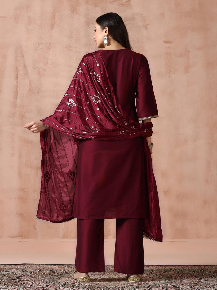 Women Silk Blend Maroon Embroidered Kurta Comfort Pant Dupatta.