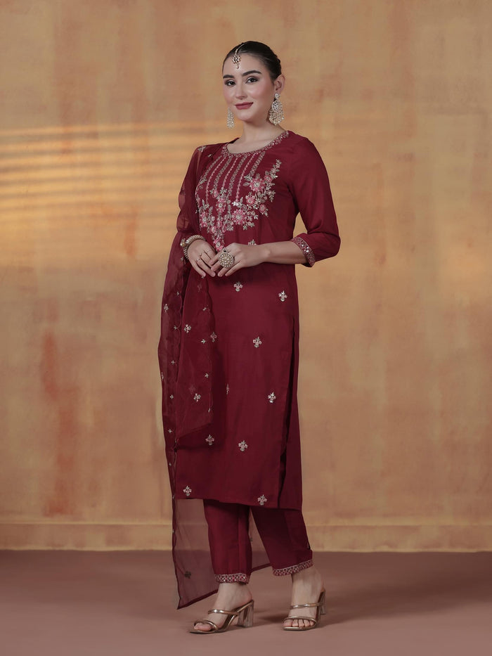Women Silk Blend Maroon Embroidered Kurta Comfort Pant Dupatta.