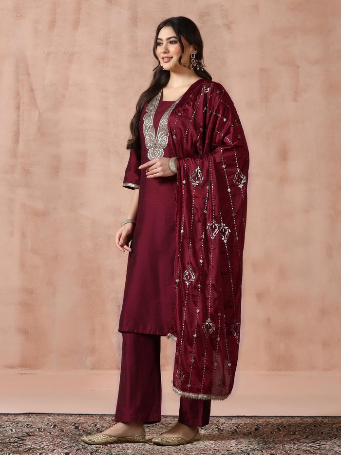 Women Silk Blend Maroon Embroidered Kurta Comfort Pant Dupatta.