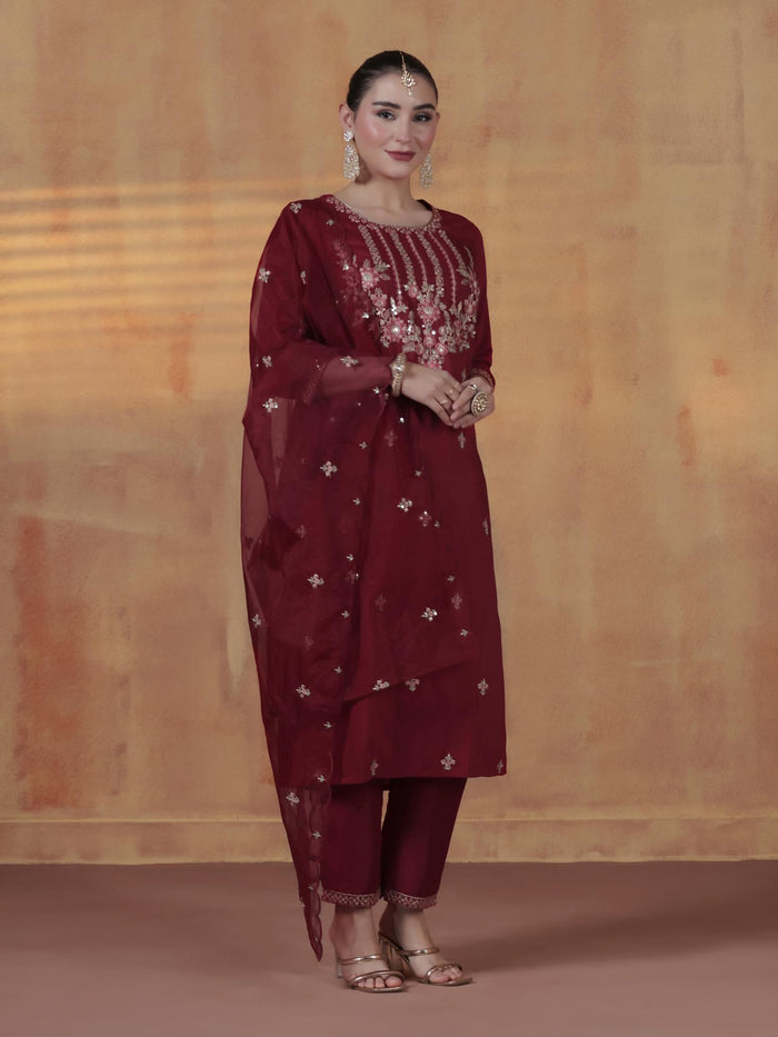 Women Silk Blend Maroon Embroidered Kurta Comfort Pant Dupatta.