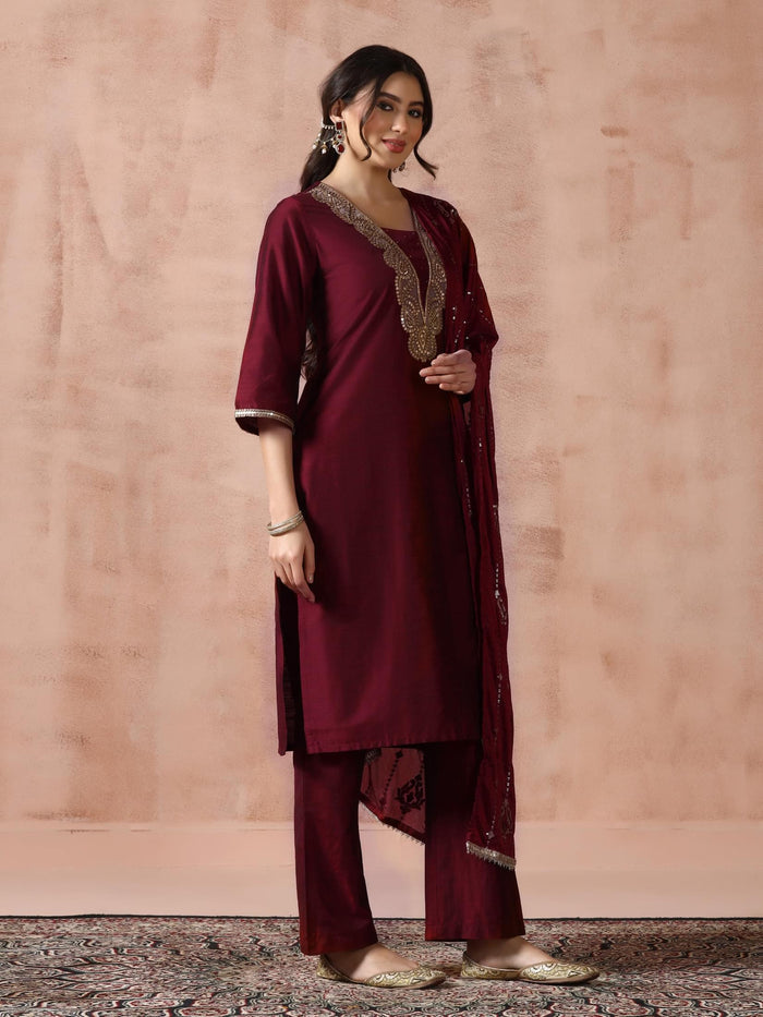 Women Silk Blend Maroon Embroidered Kurta Comfort Pant Dupatta.