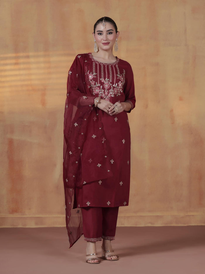 Women Silk Blend Maroon Embroidered Kurta Comfort Pant Dupatta.