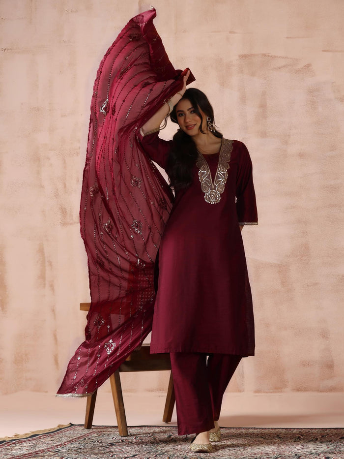 Women Silk Blend Maroon Embroidered Kurta Comfort Pant Dupatta.