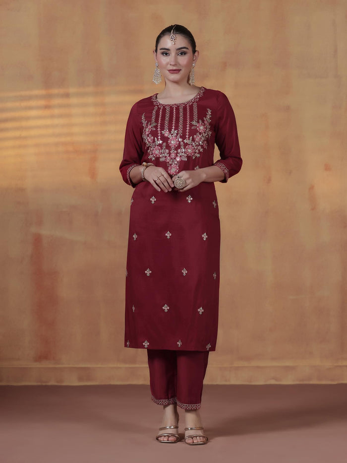 Women Silk Blend Maroon Embroidered Kurta Comfort Pant Dupatta.