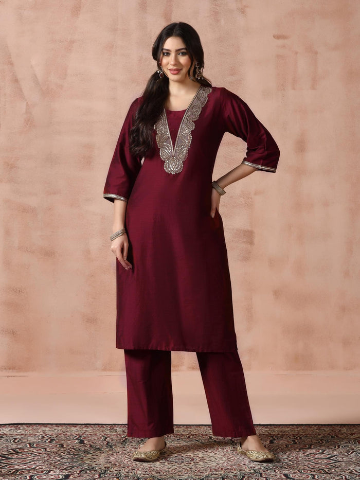 Women Silk Blend Maroon Embroidered Kurta Comfort Pant Dupatta.