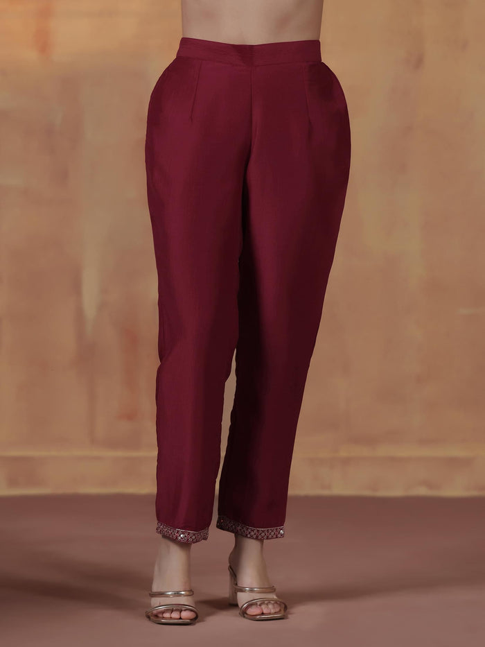 Women Silk Blend Maroon Embroidered Kurta Comfort Pant Dupatta.