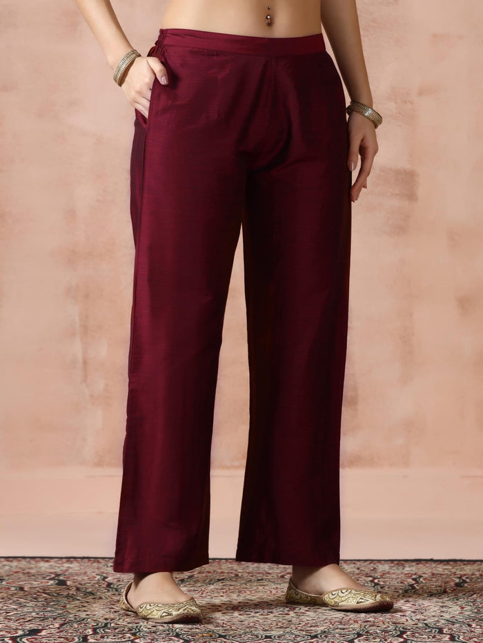 Women Silk Blend Maroon Embroidered Kurta Comfort Pant Dupatta.
