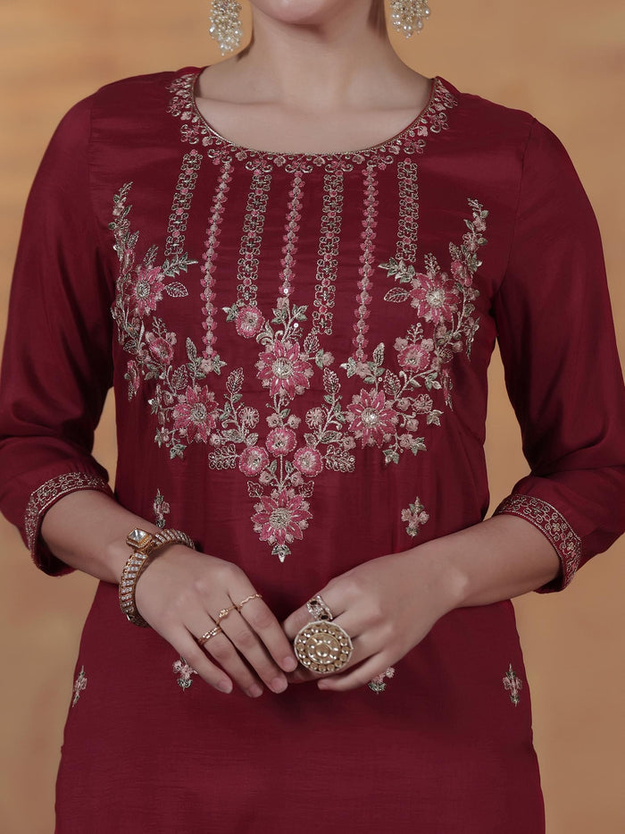 Women Silk Blend Maroon Embroidered Kurta Comfort Pant Dupatta.