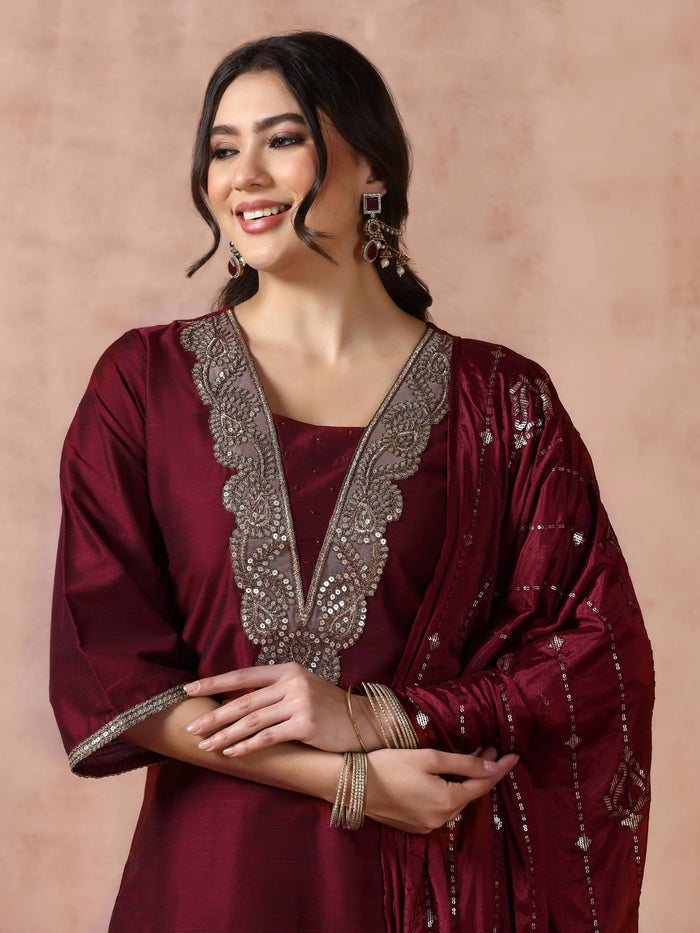 Women Silk Blend Maroon Embroidered Kurta Comfort Pant Dupatta.