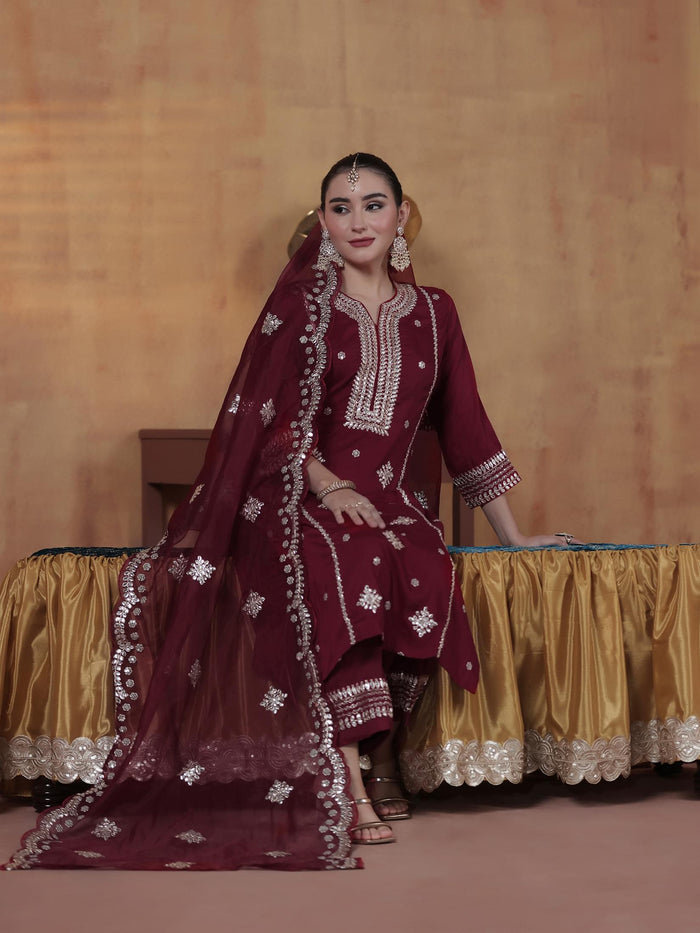 Women Silk Blend Maroon Embroidered Kurta Comfort Pant With Dupatta.