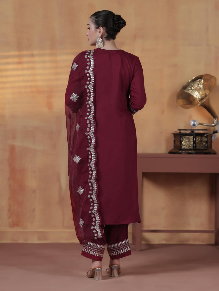 Women Silk Blend Maroon Embroidered Kurta Comfort Pant With Dupatta.