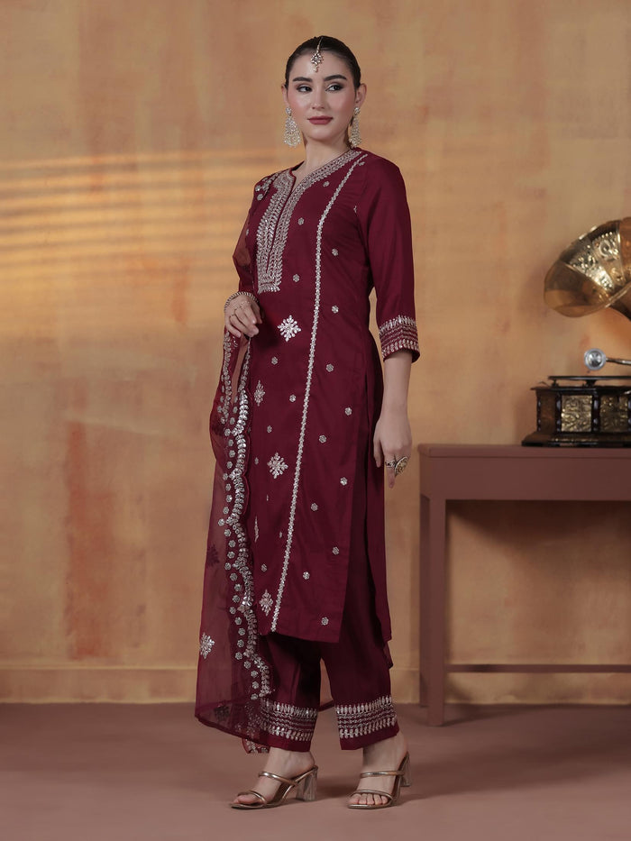 Women Silk Blend Maroon Embroidered Kurta Comfort Pant With Dupatta.