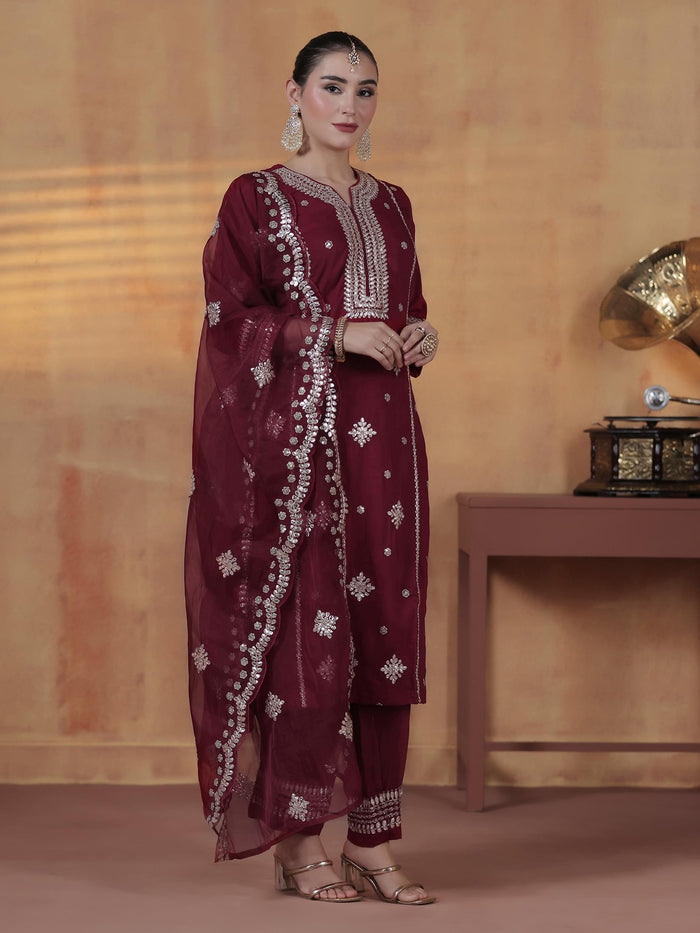 Women Silk Blend Maroon Embroidered Kurta Comfort Pant With Dupatta.