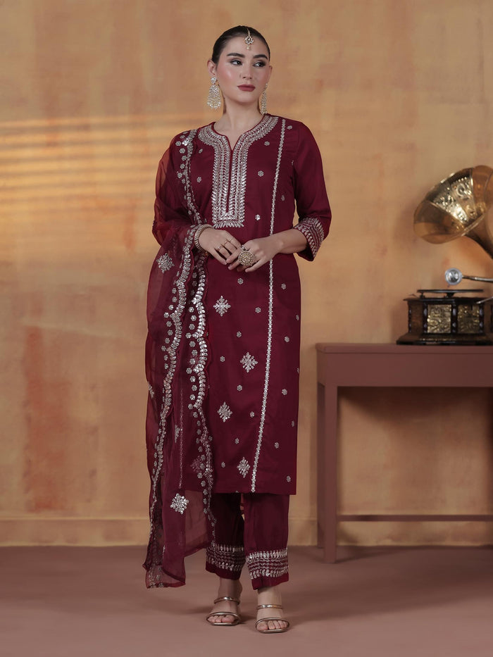 Women Silk Blend Maroon Embroidered Kurta Comfort Pant With Dupatta.