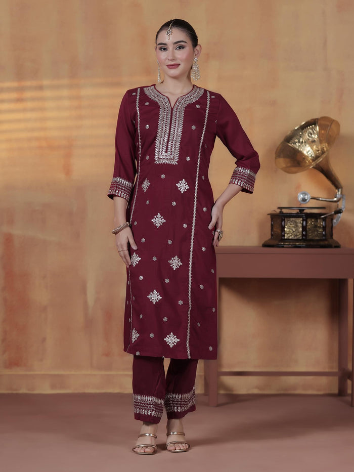 Women Silk Blend Maroon Embroidered Kurta Comfort Pant With Dupatta.